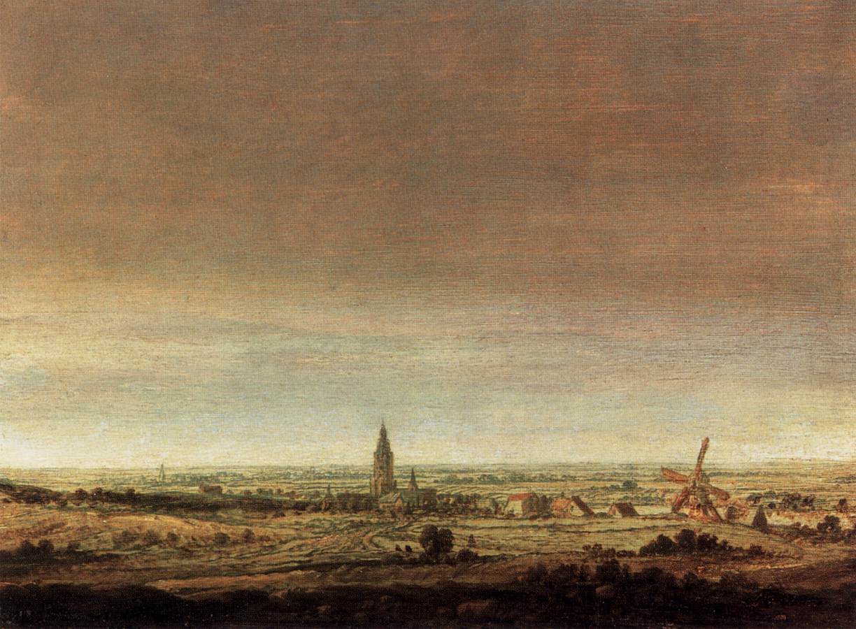Landschaft mit Stadt in einem Fluss