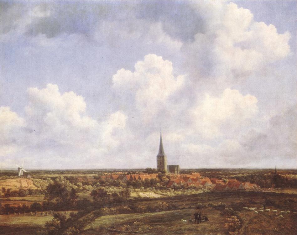 Landskap med kirke og by