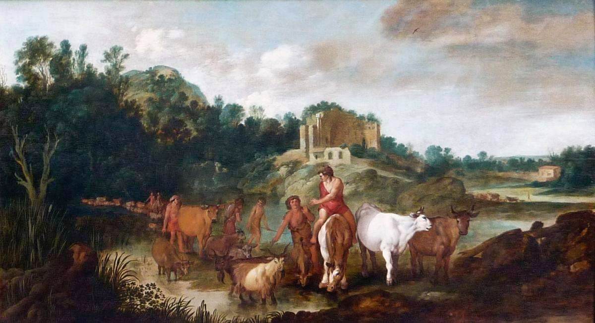 Paysage avec les agriculteurs et leurs animaux qui viennent une rivière