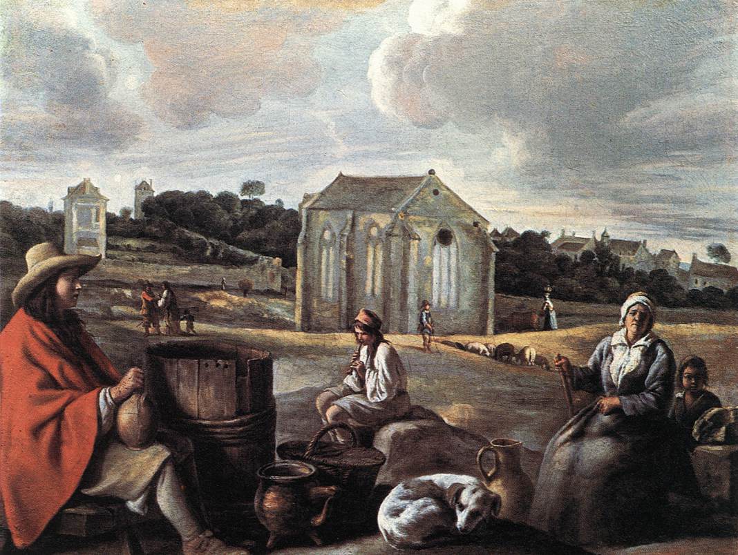 Paysage avec paysans et une chapelle