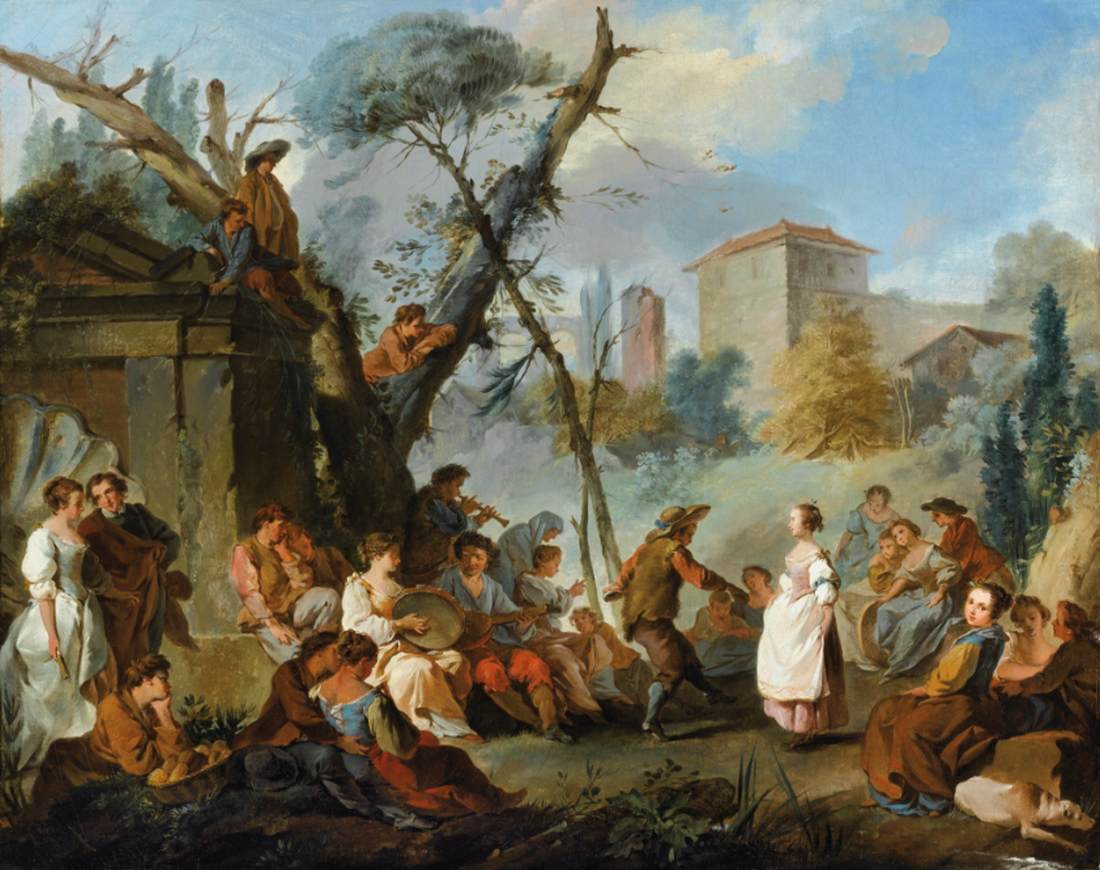 Paysage avec des paysans jouant de la musique et de la danse