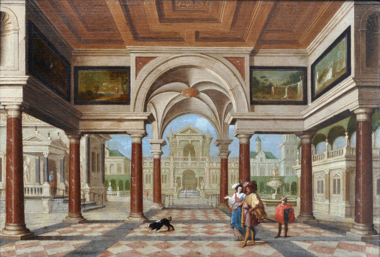 Figures Walking Beneath a Palace Loggia