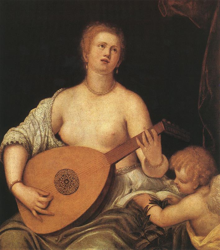 Venus Tocando el Laúd con Cupido