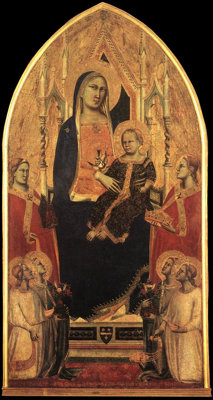 La vierge et l'enfant intronisé avec les anges et les saints