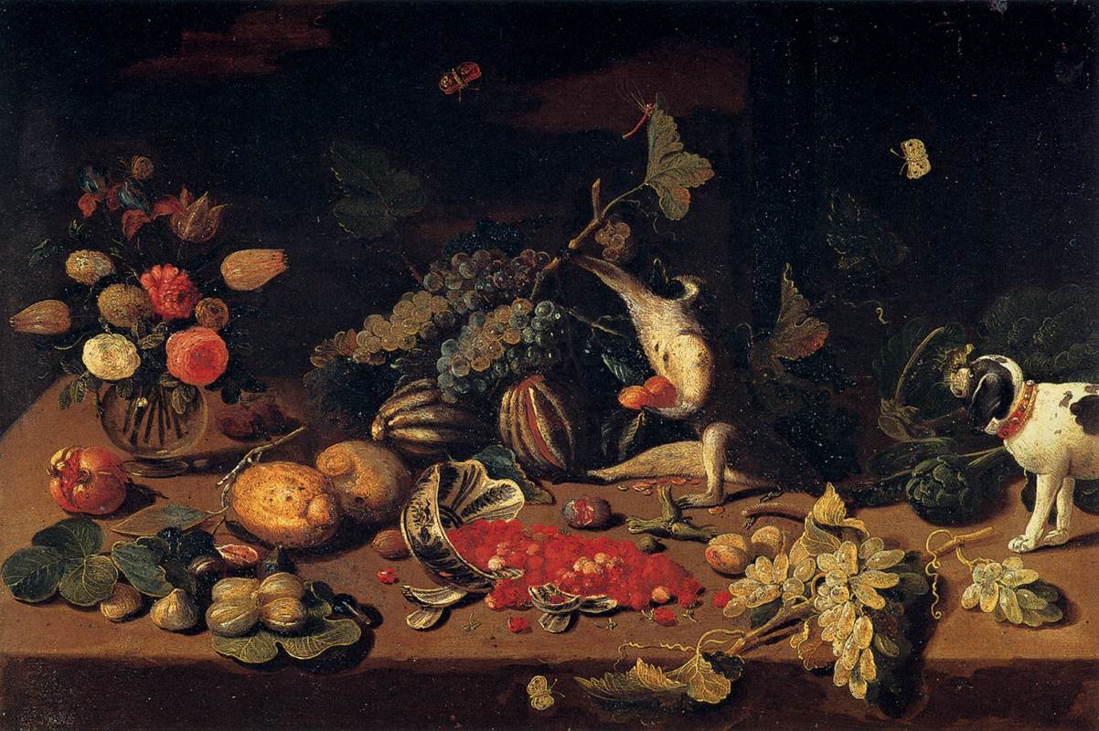 Bodegón avec un singe qui vole des fruits