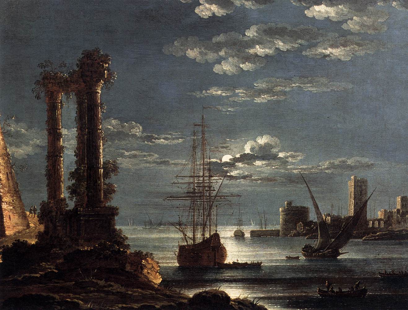Mediterranean port in the light of the moon