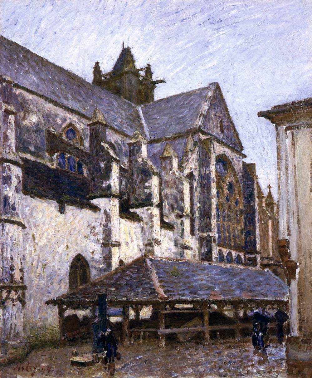 A velha igreja em Moret na chuva, vista do transepto