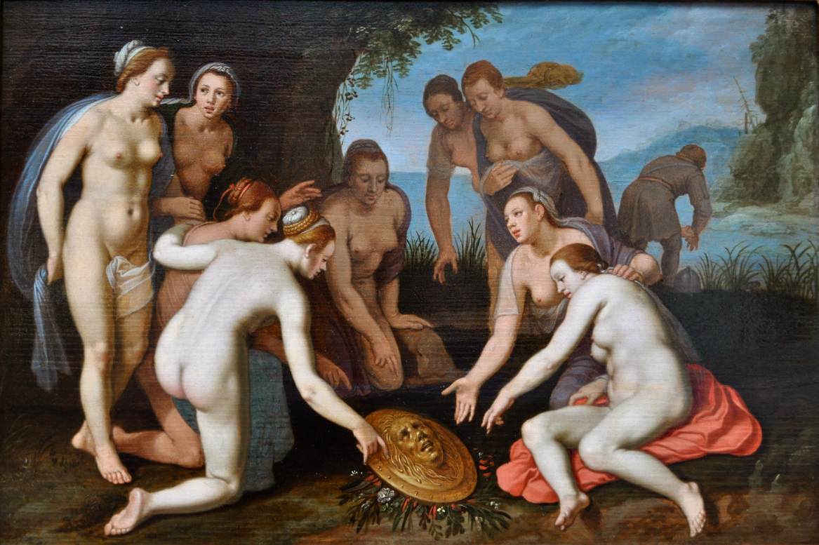 Nymphes discutant des pétrifices de la tête de Medusa