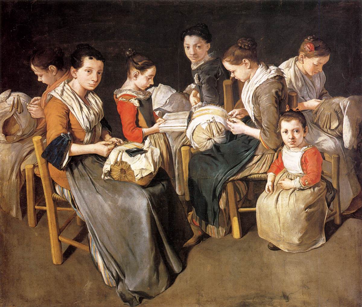 Les femmes qui travaillent sur de la dentelle d'oreiller (l'école de couture)