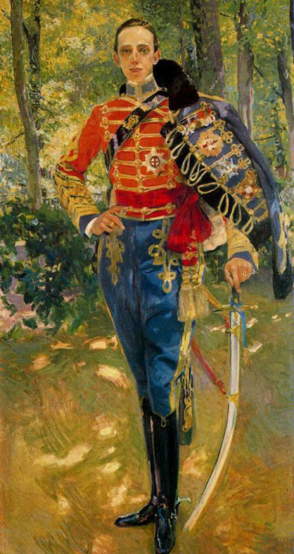 Portræt af Alfonso XIII i uniformen af en Hussar