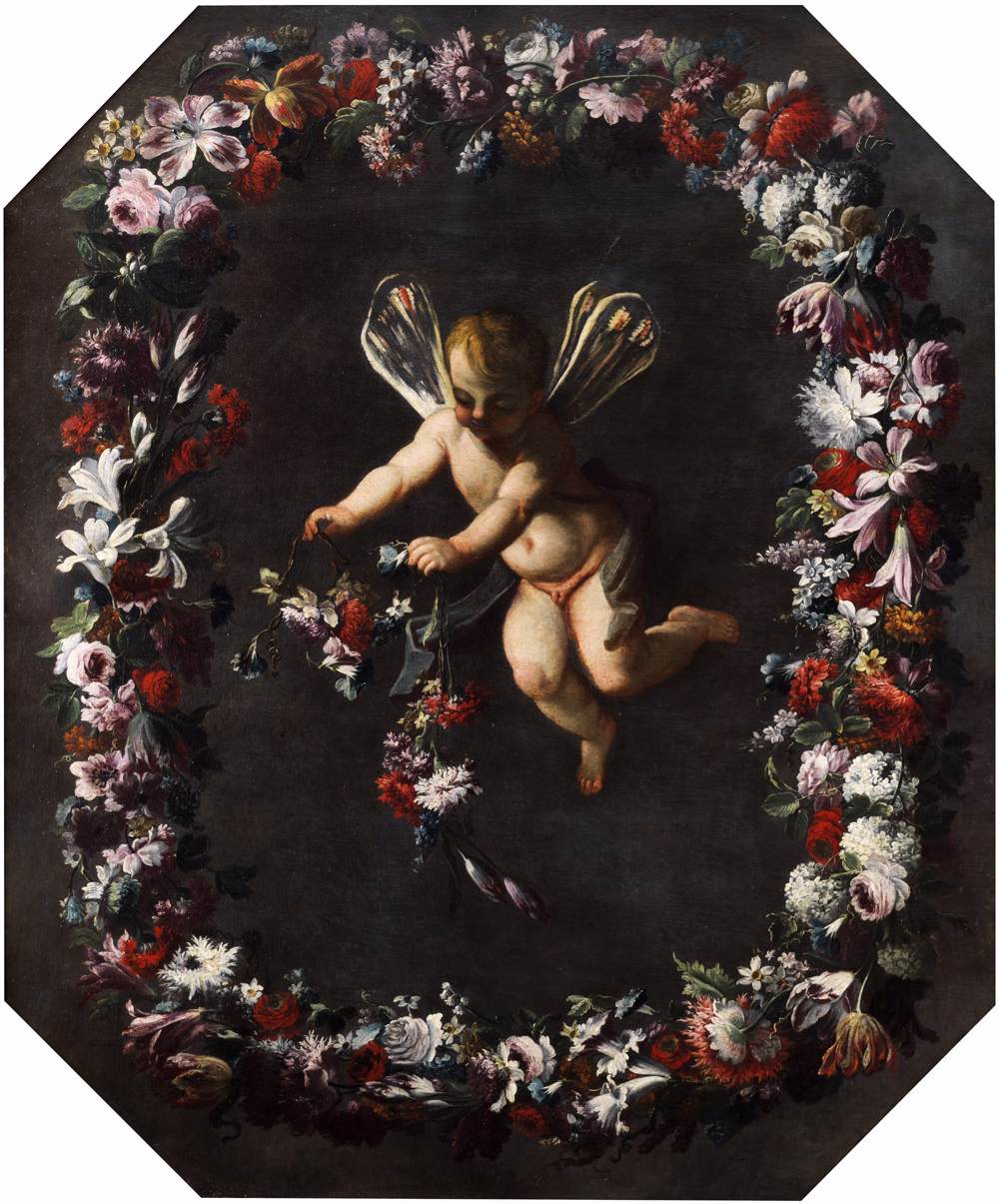 Putto mit Libellenflügeln in einer Girlande