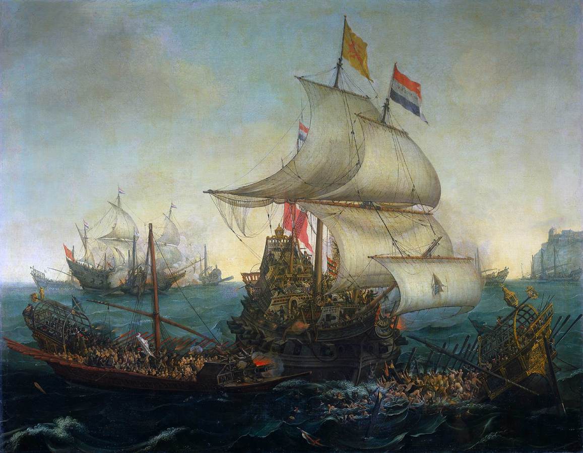 Holländska fartyg Embolsar Spanish Galleys över den flamländska kusten i oktober 1602