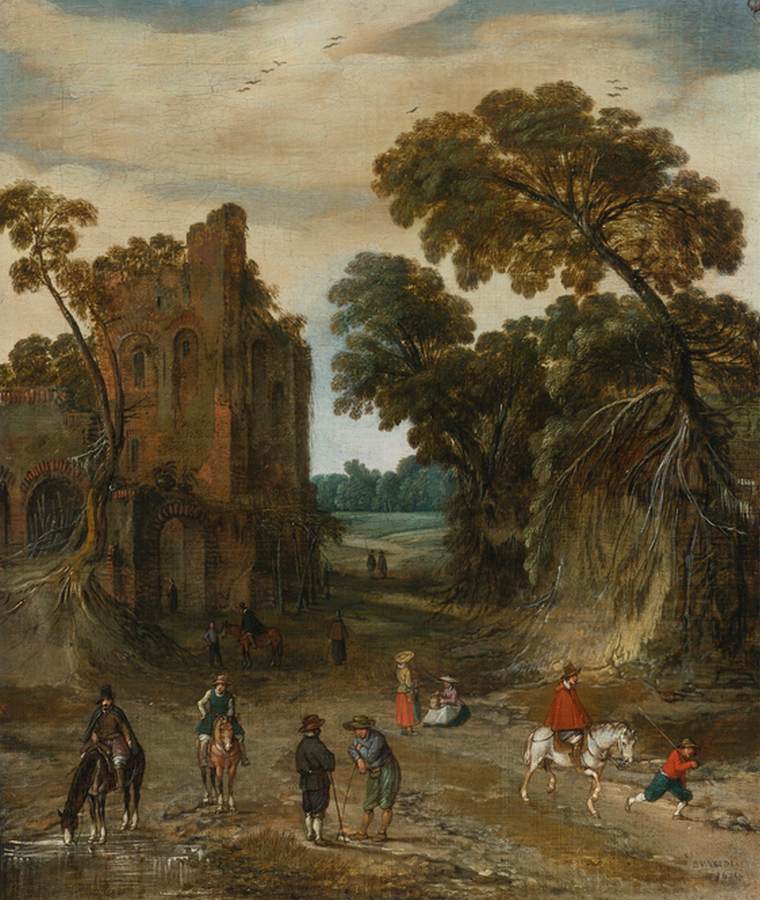 Cavalieri su una strada tra rovine e una banca alta