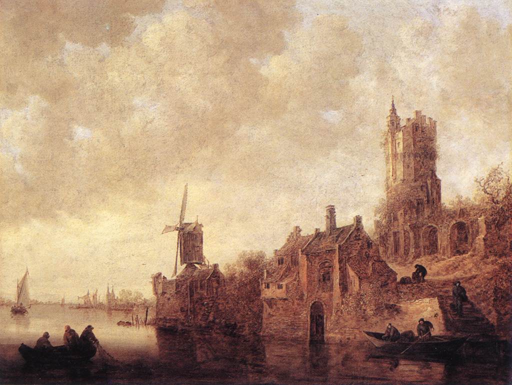 Flusslandschaft mit einer Windmühle und einer Burg in Ruinen
