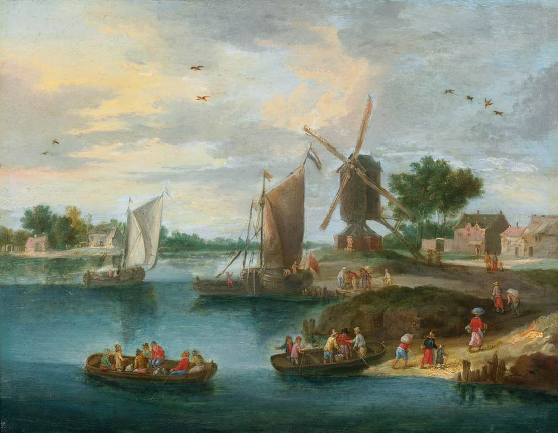 Paysage fluvial avec un moulin à vent