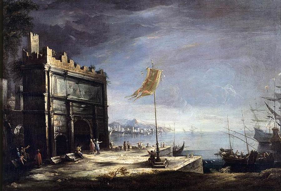 Capricho de uma cena do porto com um arco clássico