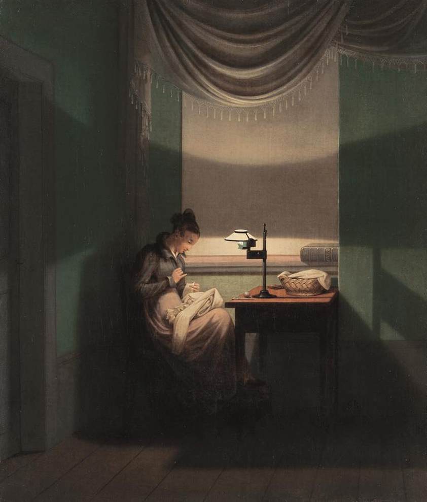Young Woman Sewing by Lamplight