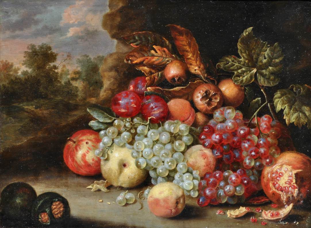 Ein Obstticket gegen eine Landschaft