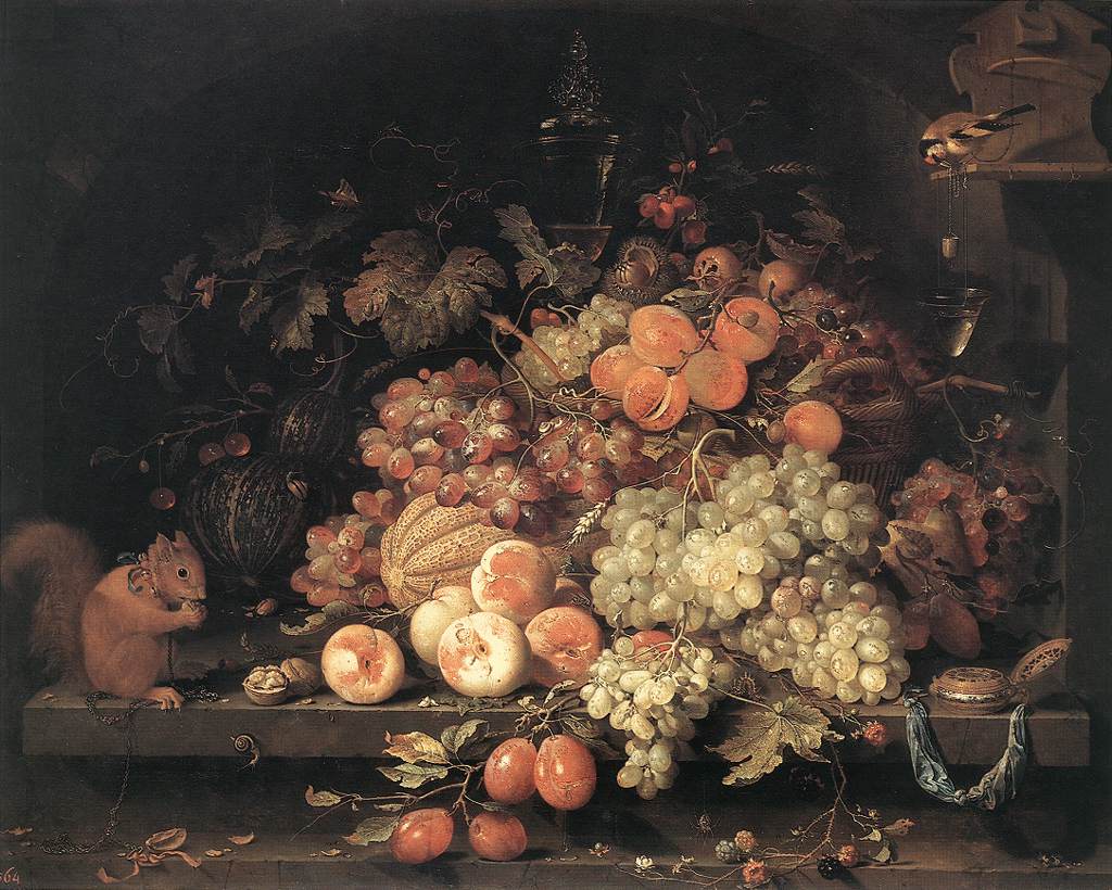 Bodegón de Frutas con Ardilla y Oro