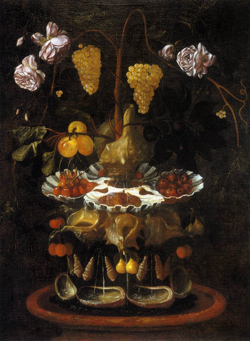 Hocher la tête avec une source de coquille, de fruits et de fleurs