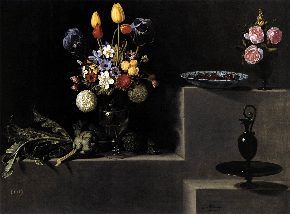 Natureza Morta com Flores, Alcachofras, Cerejas e Cristalaria