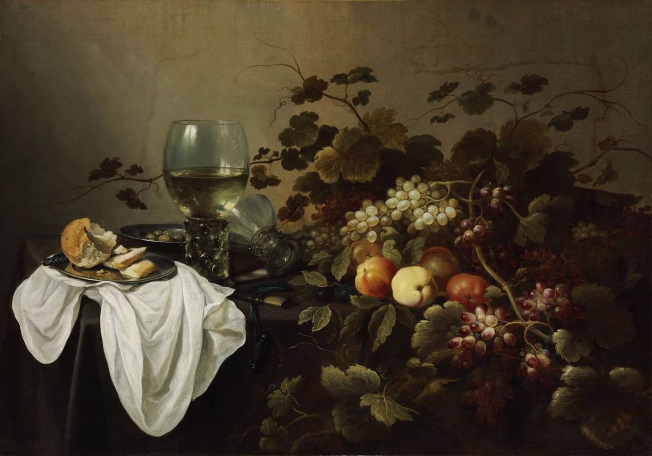 Soulever la nature avec des fruits, du pain et deux roemers
