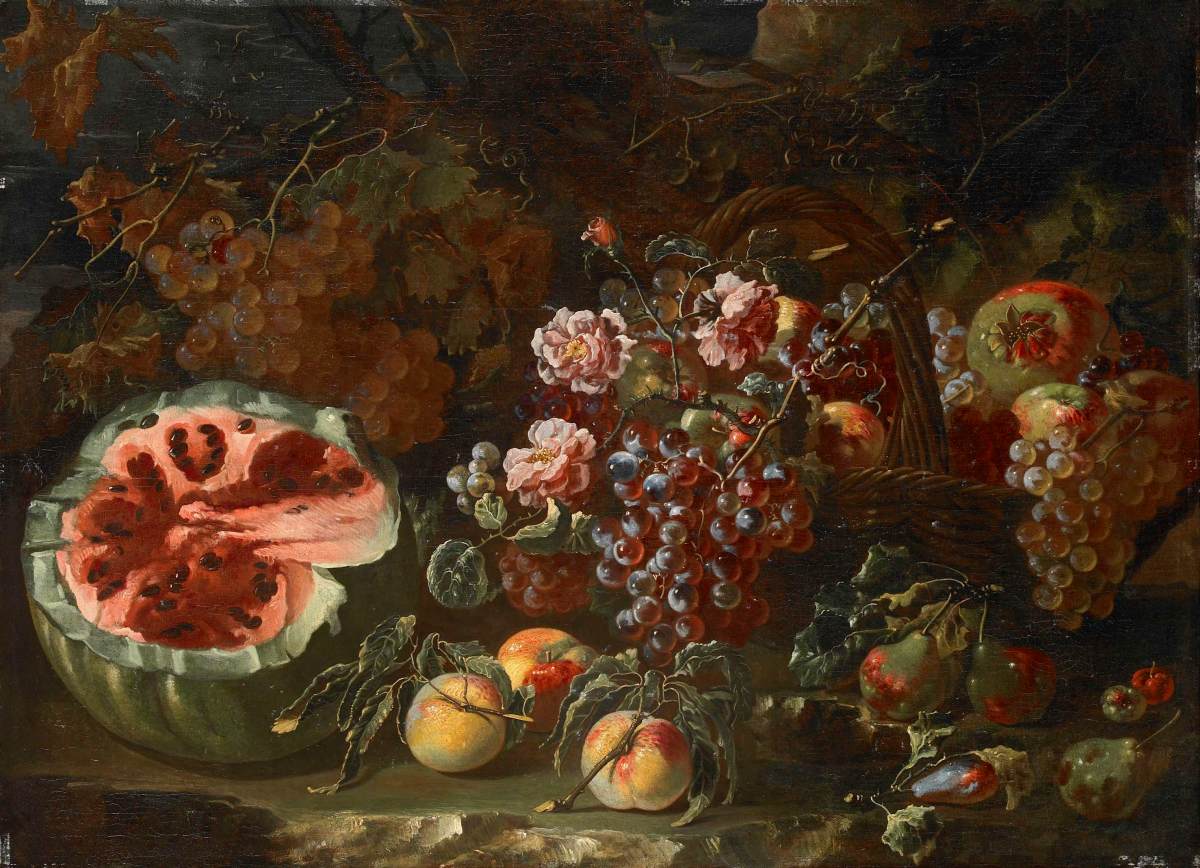 natureza morta com frutas e rosas