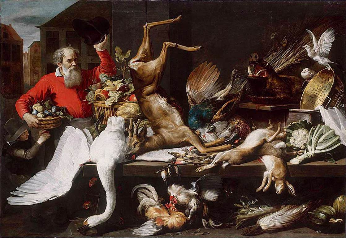 Soulever la nature avec la chasse morte, les fruits et légumes sur un marché