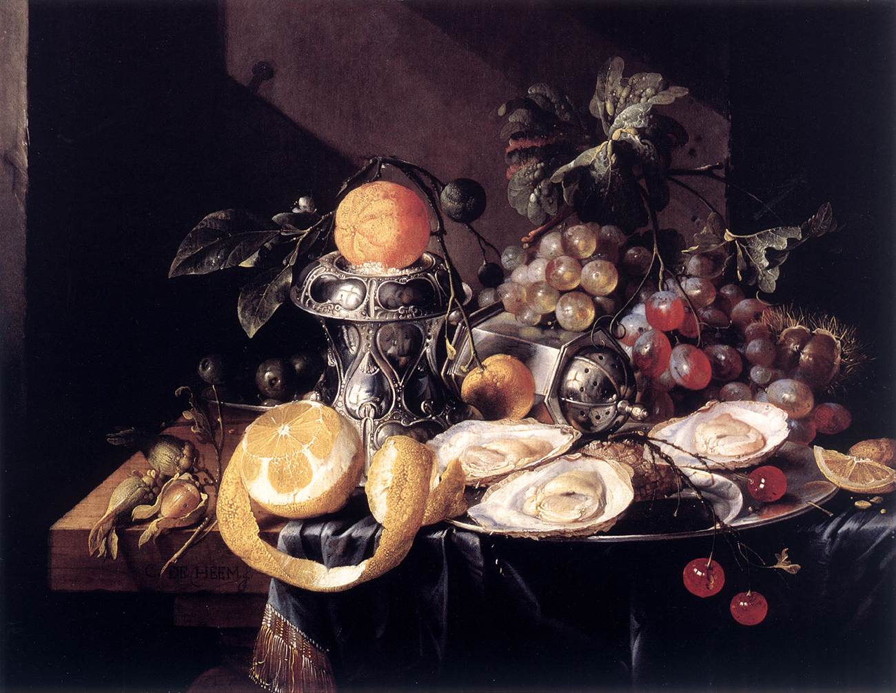 Bodegón de oesters, limones en druiven