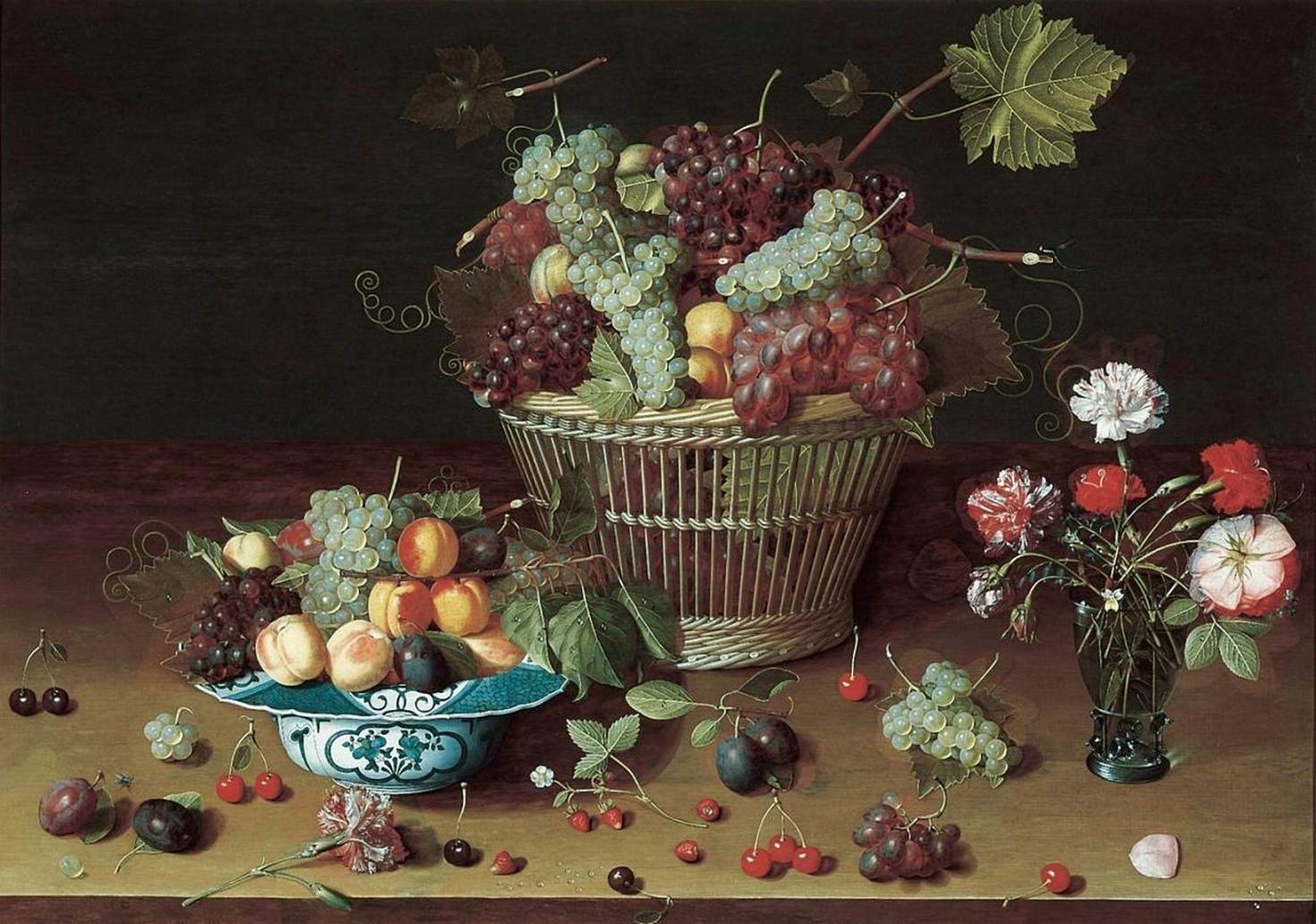 Natureza morta de frutas e flores