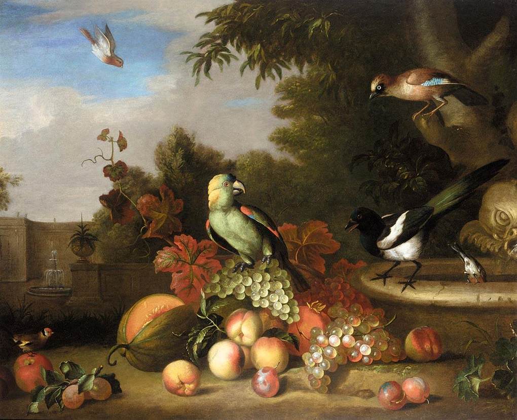 natureza morta com frutas e pássaros