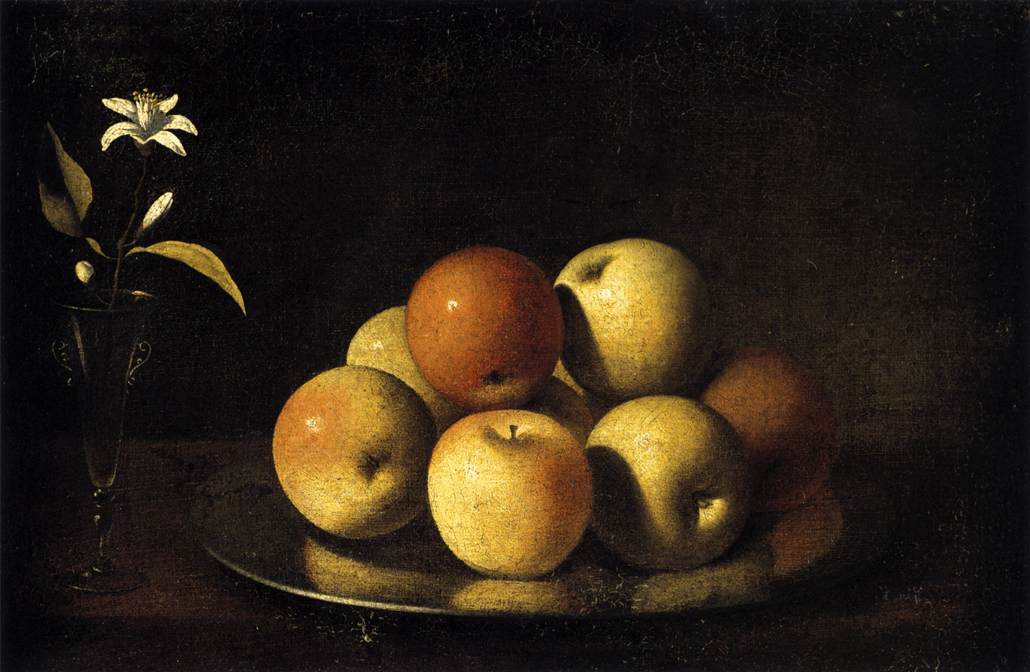 Bodegón con piastra di mele e fiore arancione