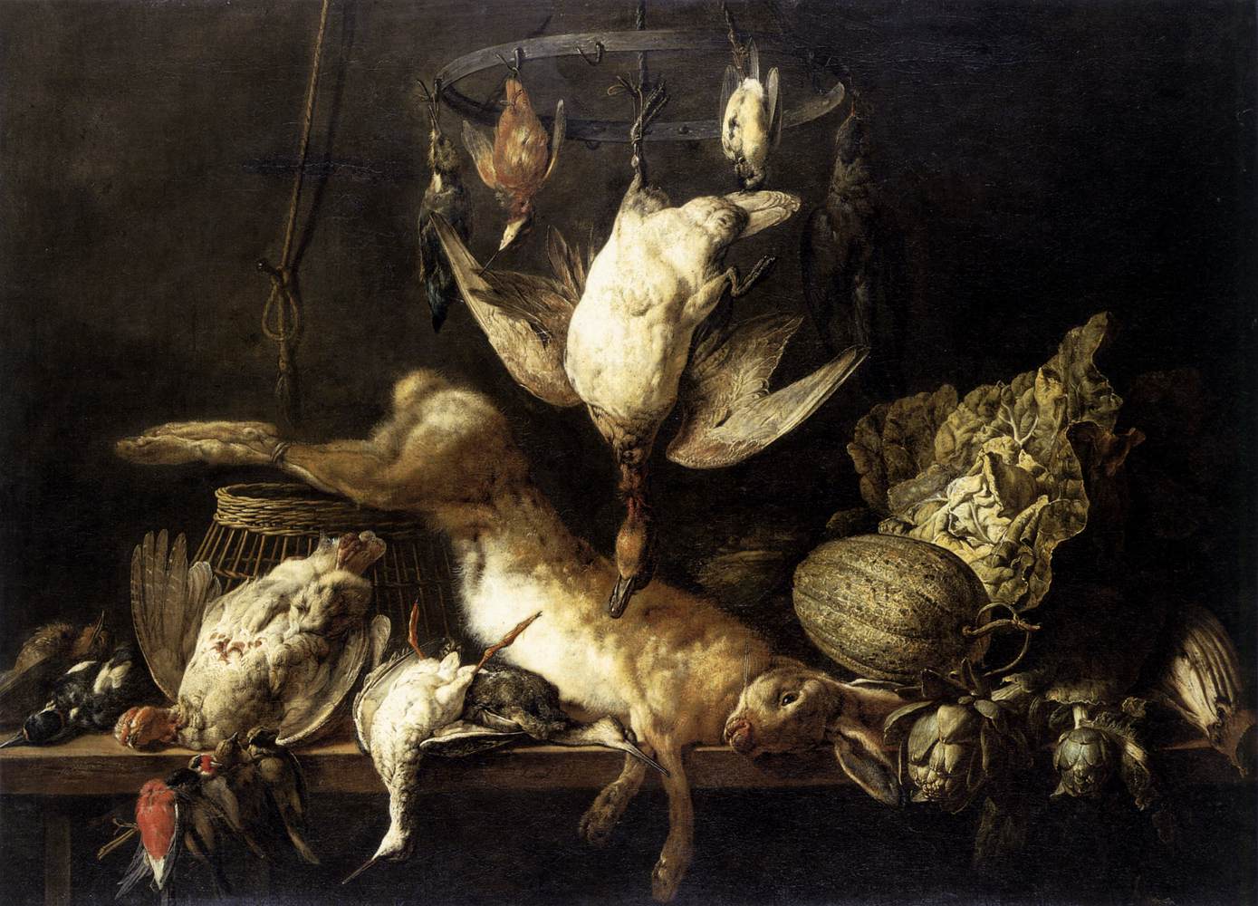 Bodegón de Liebre y Pájaros en un Anillo