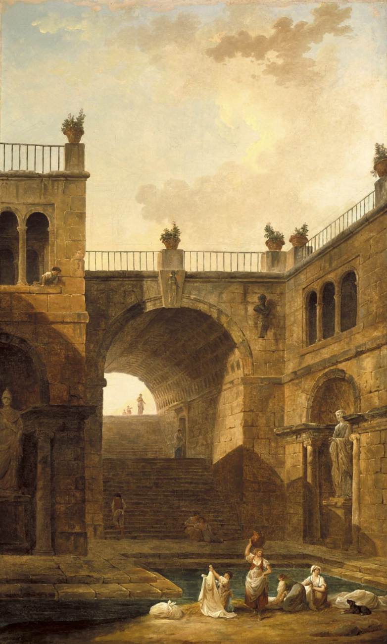 Scena architettonica con donne che lavano i vestiti in una piscina