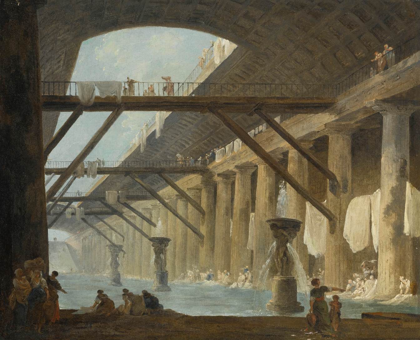 Vieux bain romain avec des femmes lavant les vêtements