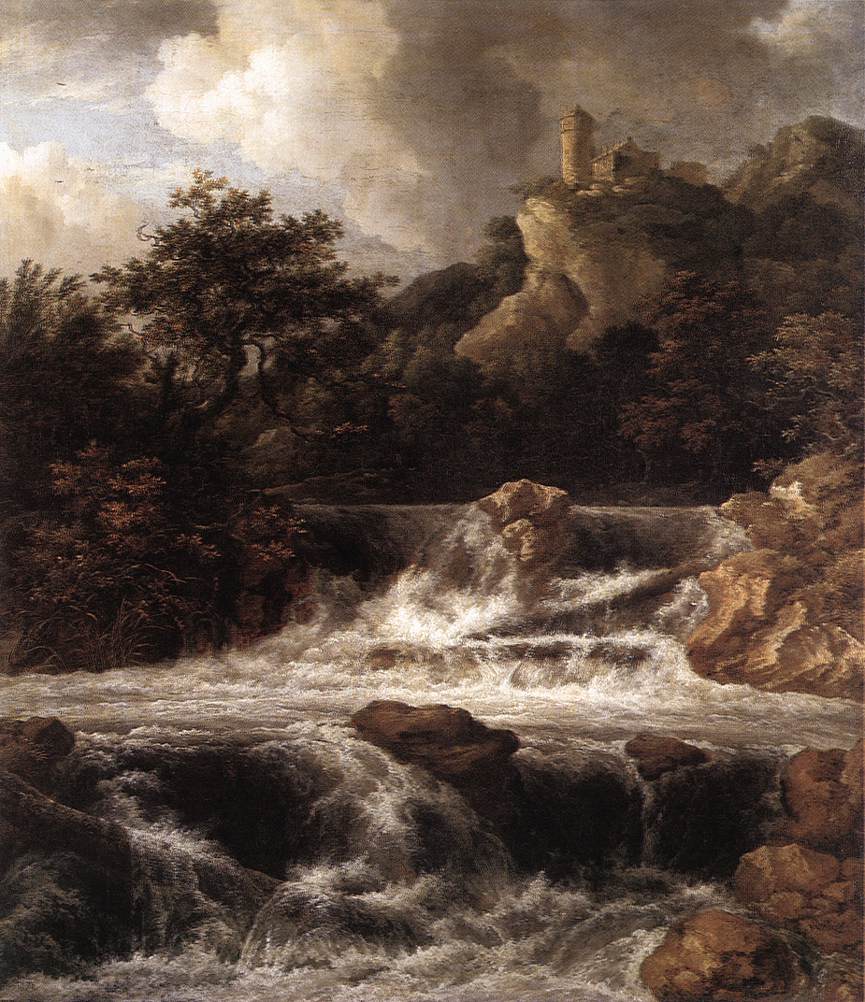 Cascade avec château construit dans le rocher