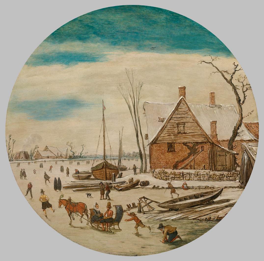 Paisagem de inverno com patinadores e uma casa de campo