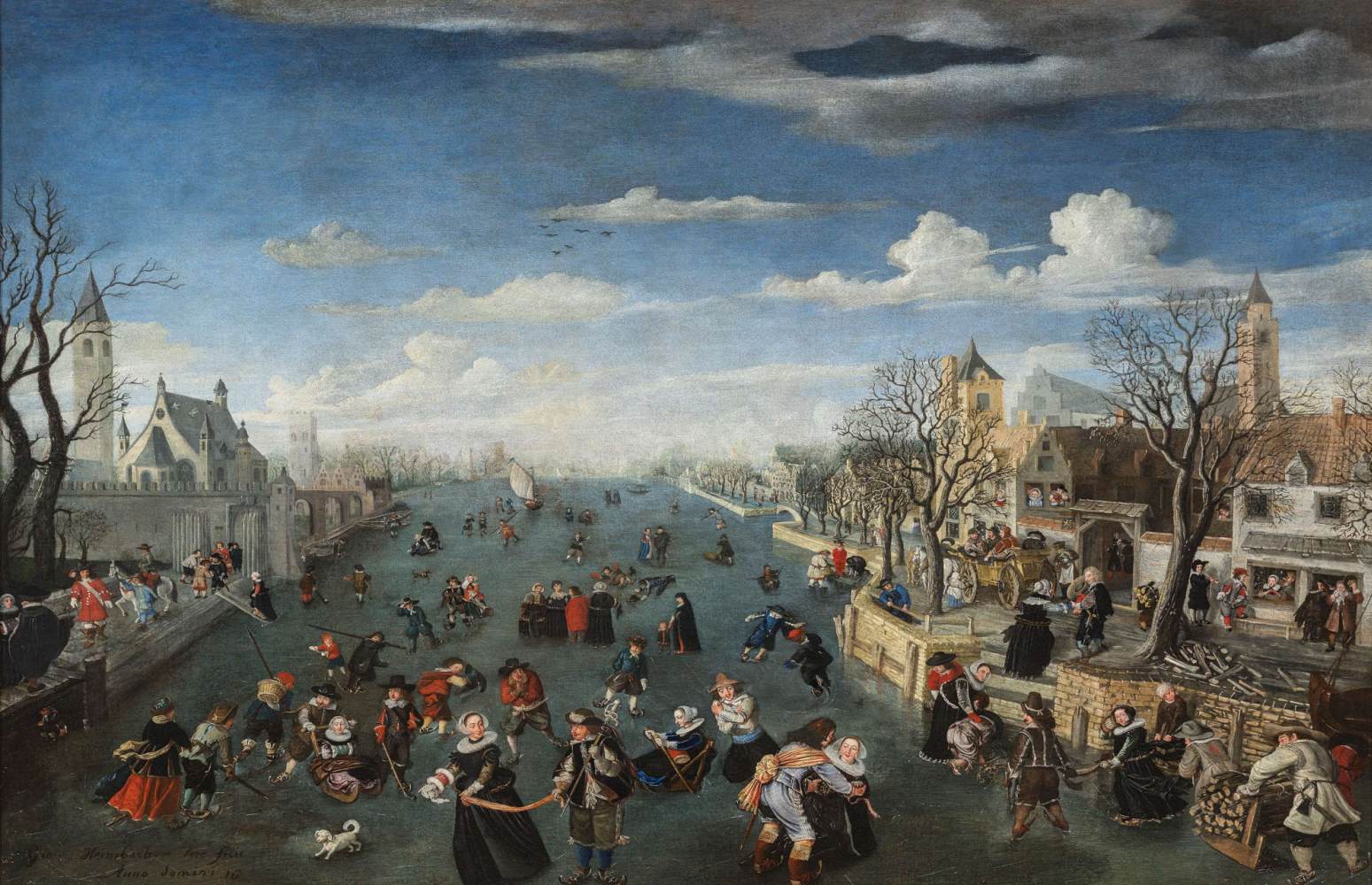 Winterlandschaft mit Skatern in einem Fluss