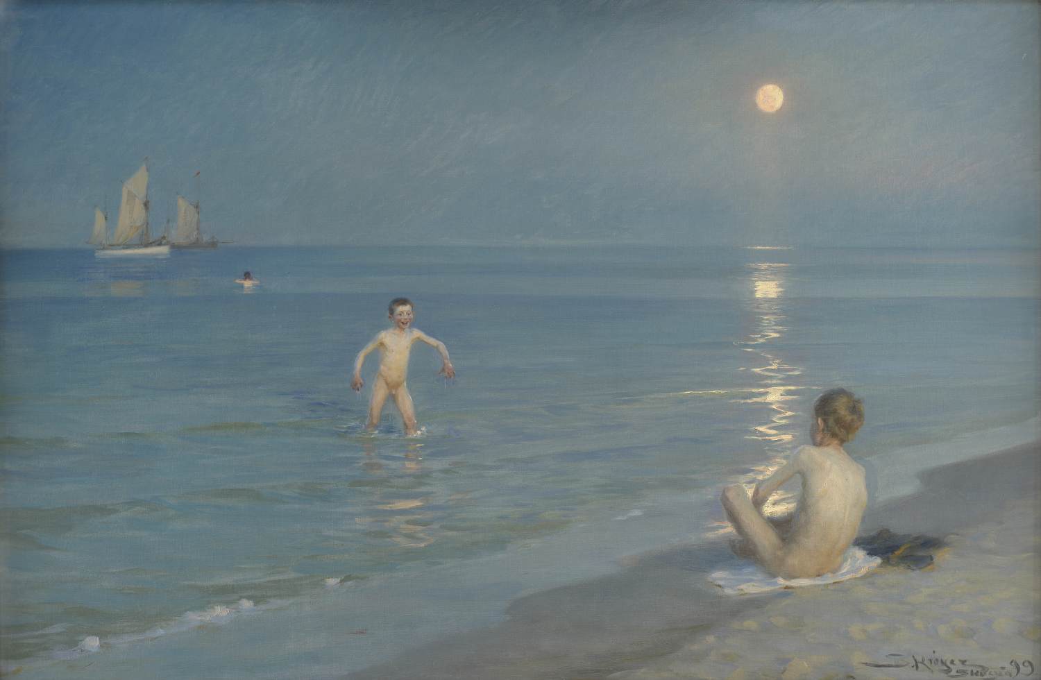 Enfants se baignant dans la nuit d'été de Skagen