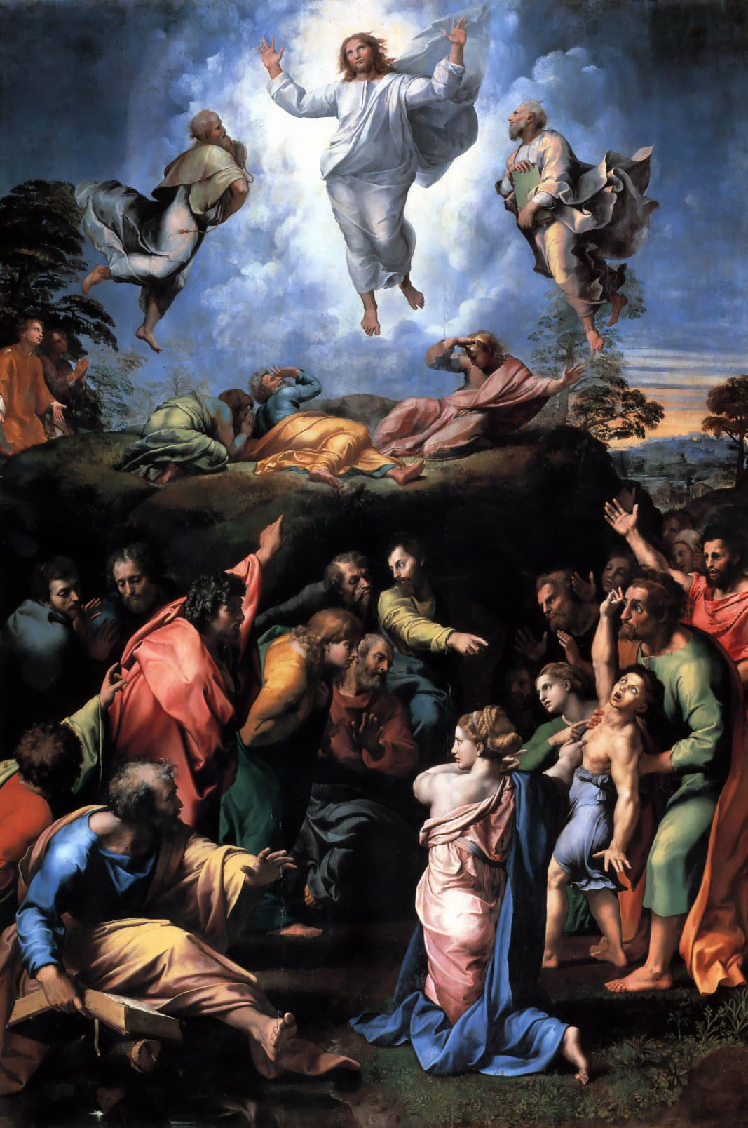 La Transfiguración de Rafael, con Cristo elevado entre Moisés y Elías y los apóstoles reunidos en la parte inferior