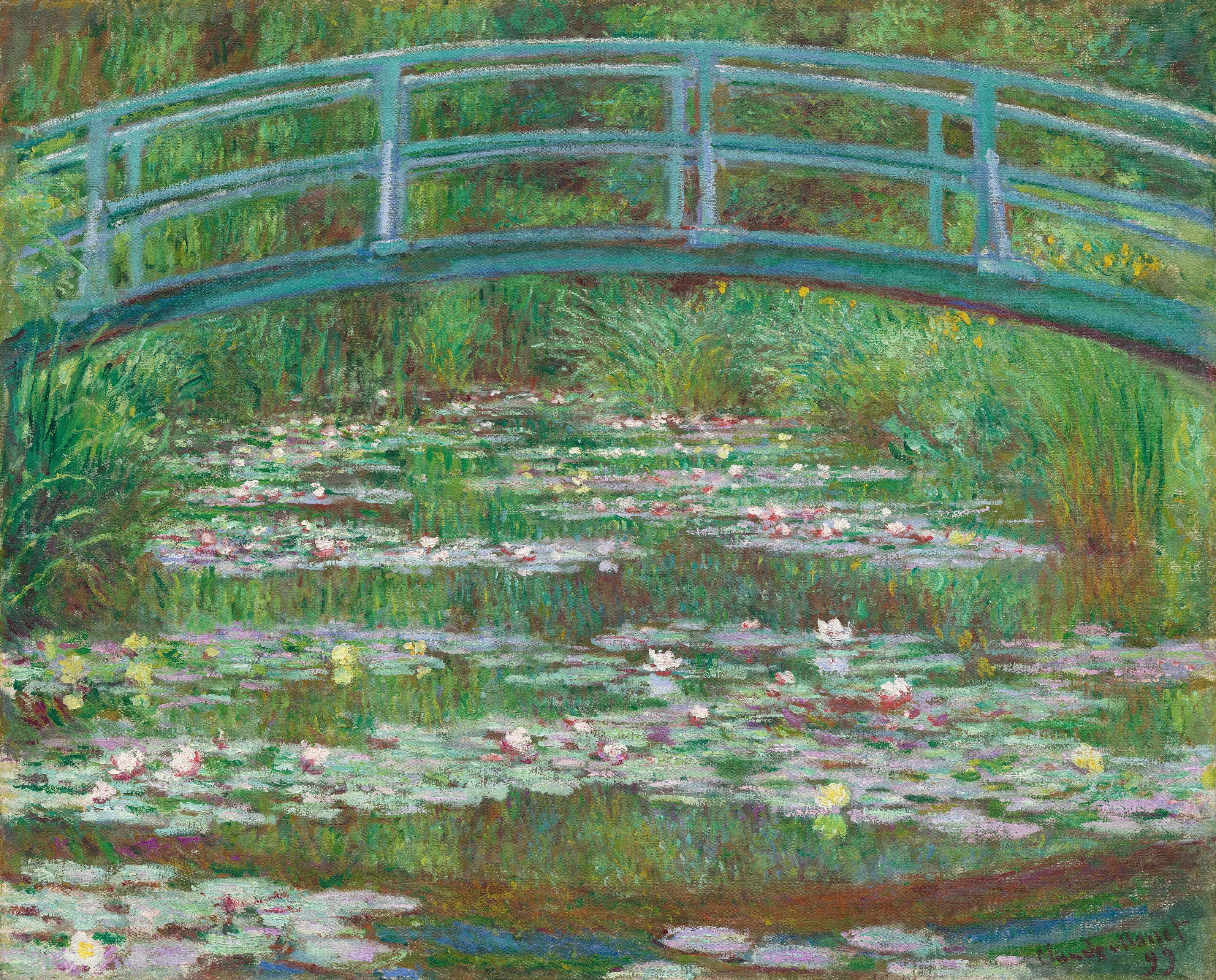 Reproducción al óleo de Claude Monet con nenúfares y el puente japonés sobre el estanque de los jardines de Giverny