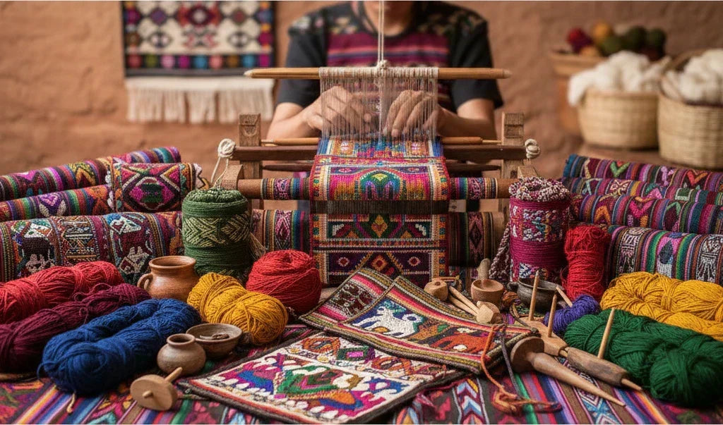 Tejedora trabajando en un telar manual, rodeada de textiles indígenas coloridos, ovillos de hilo y herramientas artesanales