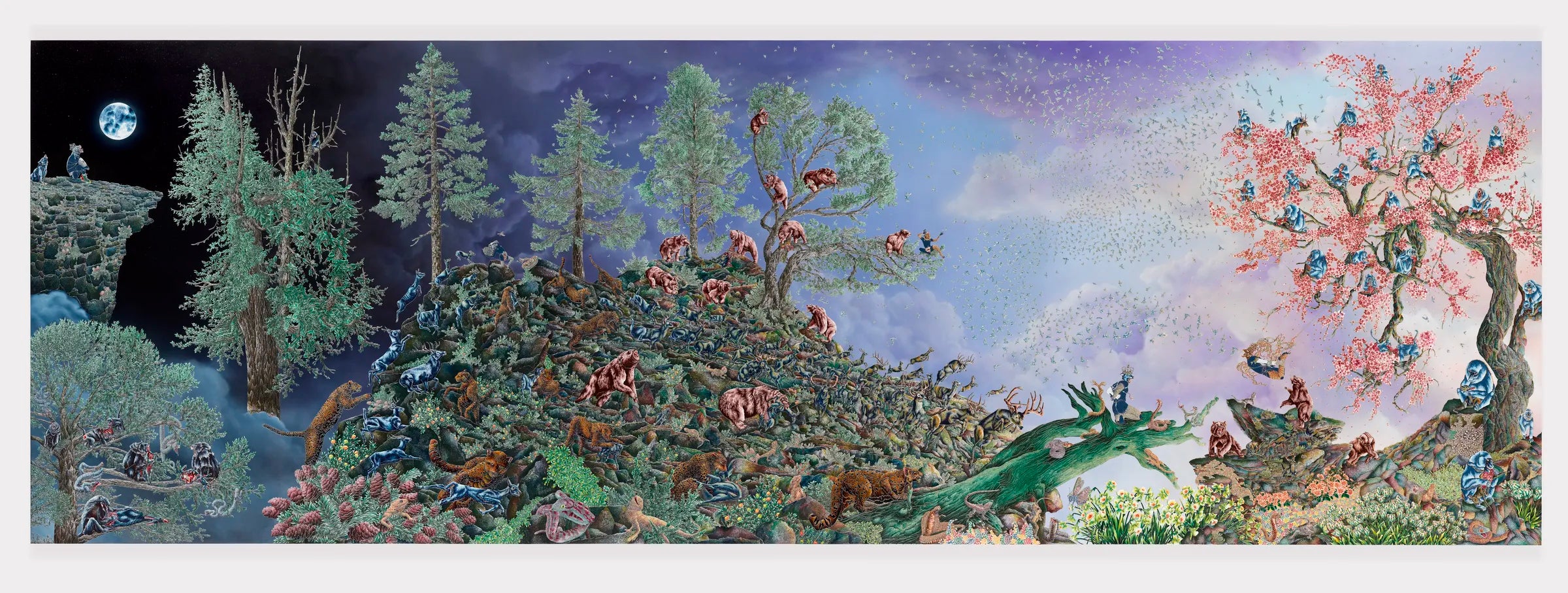 Raqib Shaw, Paradise Lost, escena fantástica con figuras humanas y animales en un paisaje barroco y colorido
