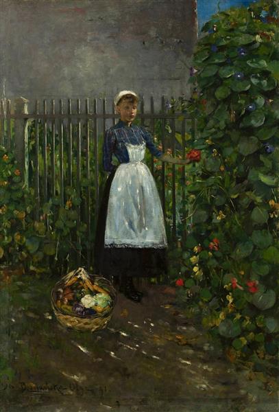 A girl with a fruit basket in a garden - 1891