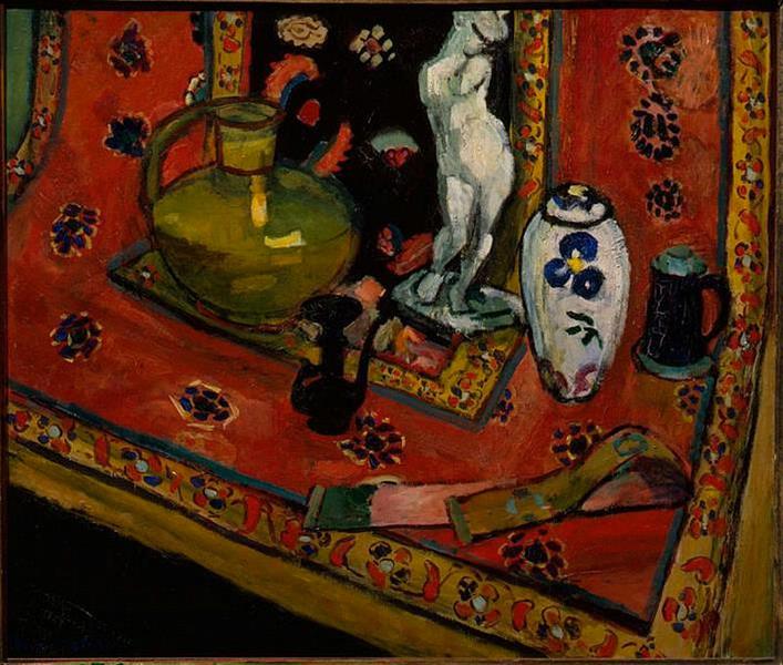 Statuette and vases on oriental carpet 1908 