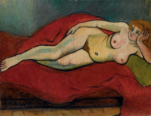 Nude reclinato con tende rosse - 1914