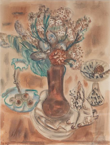 The brown vase with flowers.