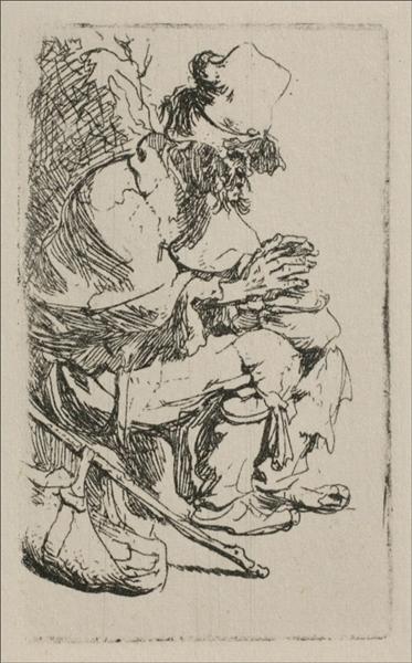 A beggar heating her hands on a warm -up - 1630