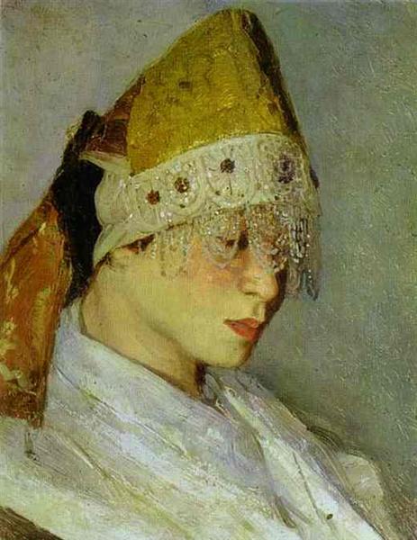 Uma garota com Kokoshnik (touca de mulher na Rússia antiga) - 1885