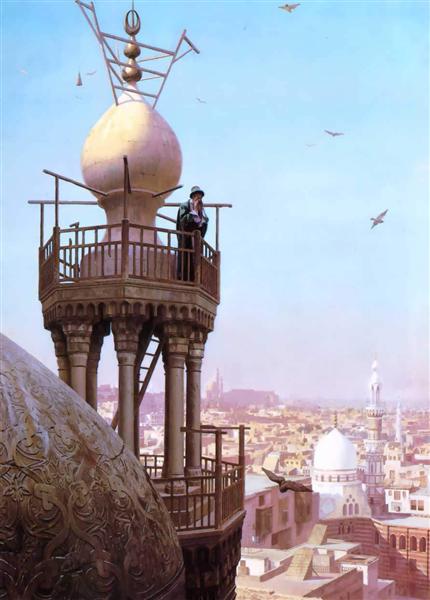 Une Muecine appelant du haut d'un minaret aux fidèles à la prière - 1879